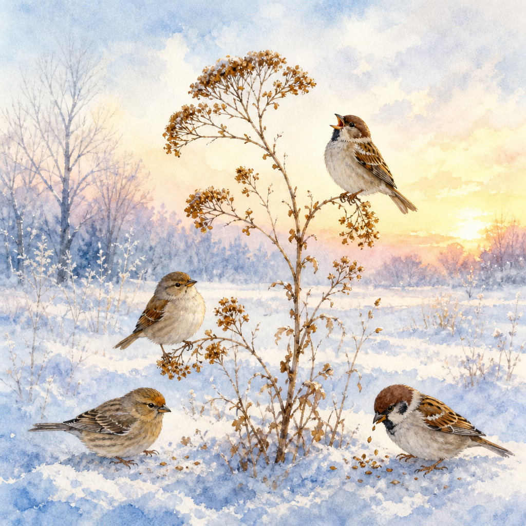 Four little birds feasting on seeds from a tall weed in the snow, illustrating the story The Little Weed.