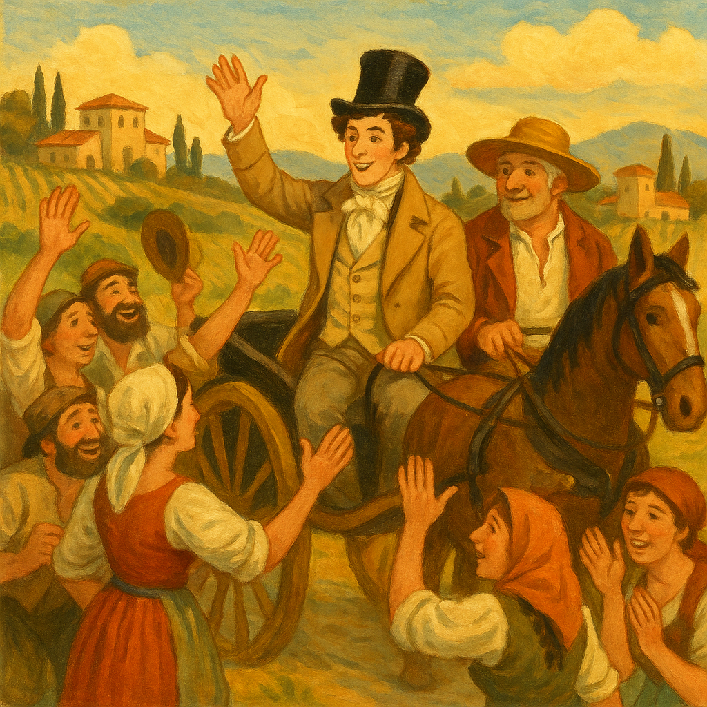 Farm labourers bowing to Signor Cajusse's carriage in the Campagna, an illustration for The Marriage of Signor Cajusse.