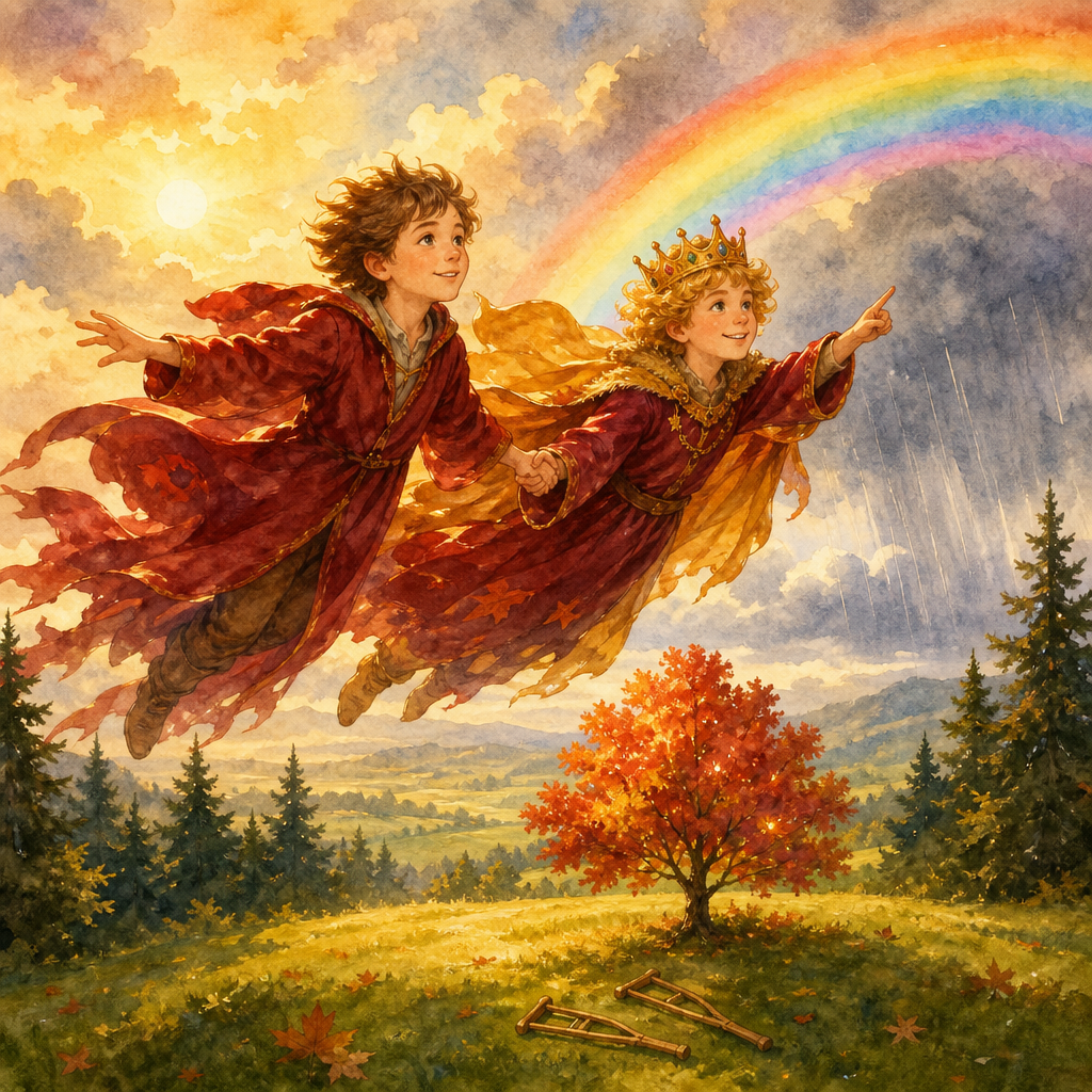 Jamie and the little maple king fly hand in hand toward a rainbow in The Merry Little King by Mary Stewart