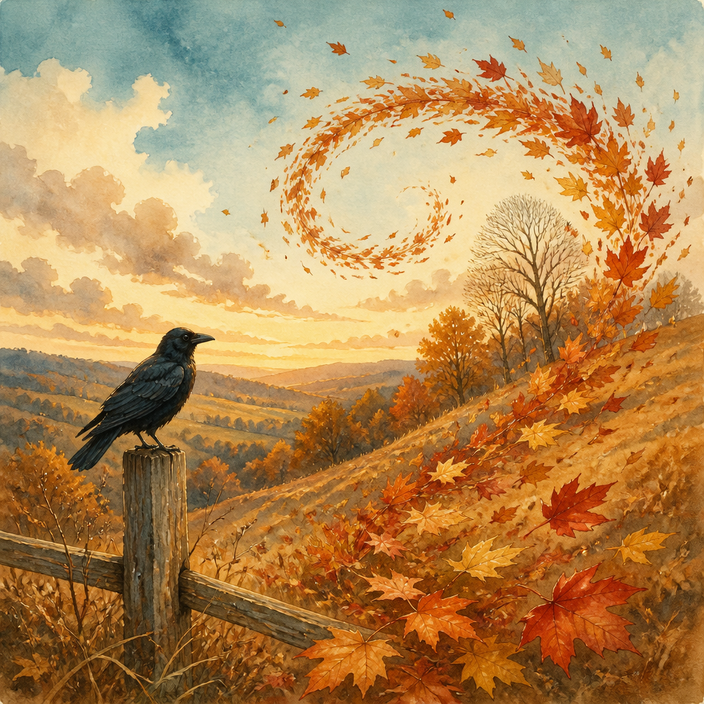 Autumn wind swirling red and yellow leaves down a hill while a crow watches, illustrating the poem The Merry Wind