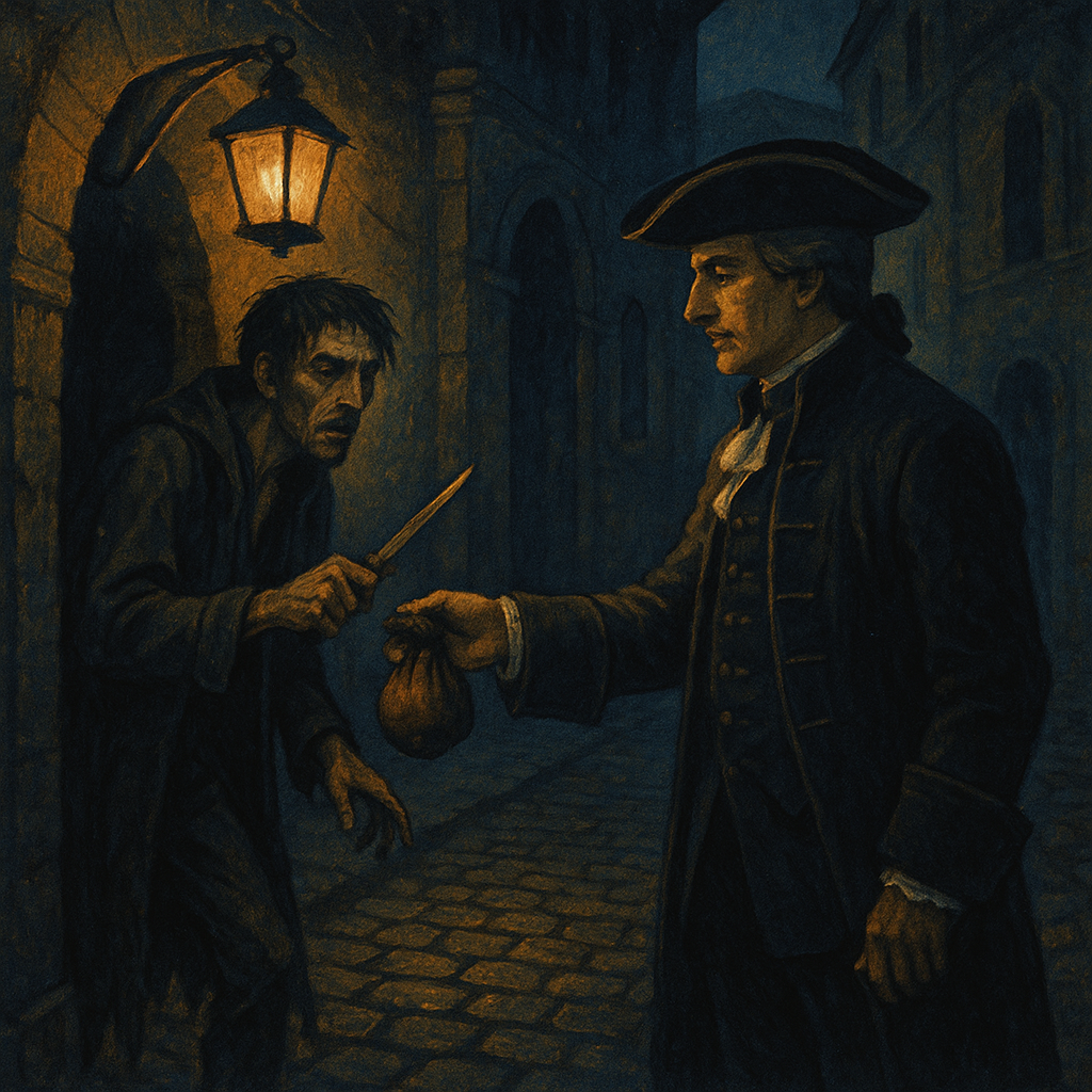 A desperate man confronts Prince Borghese on a dark Roman street, in an illustration from The Munificence of Prince Borghese.