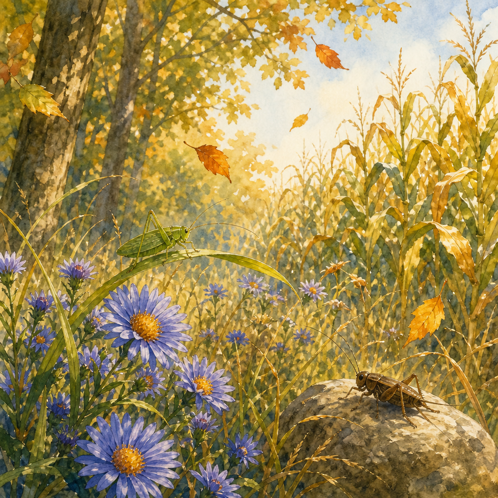 Watercolor of asters, a katydid, a cricket and swaying corn in an autumn meadow, illustrating the poem The News.