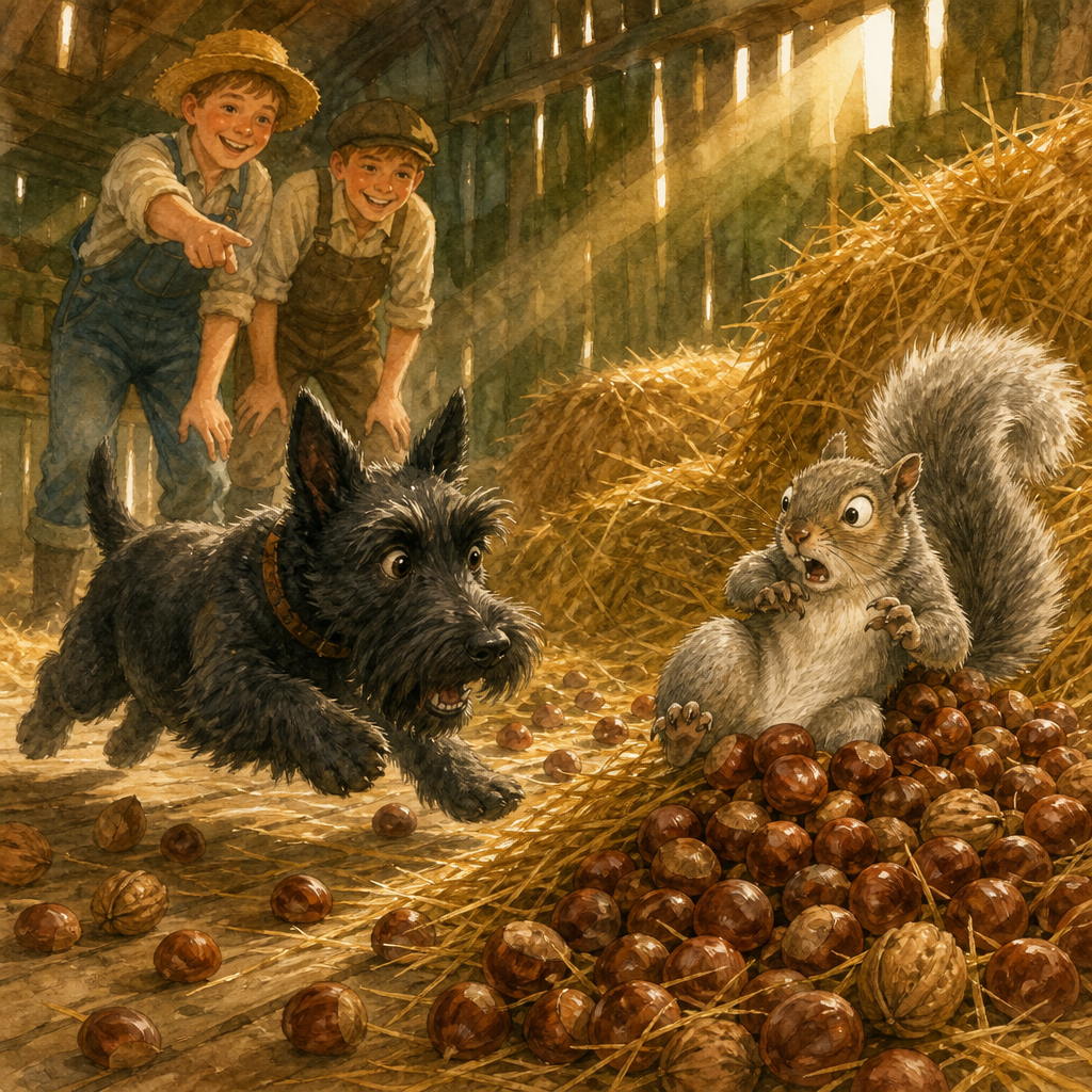 Featherhead the squirrel cornered by a terrier and two boys in a barn loft in The Nutcrackers of Nutcracker Lodge