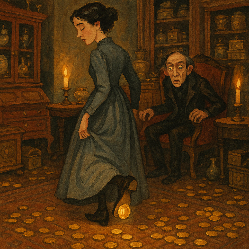 A coin sticks to a woman's shoe in the miser's sitting room — a scene from The Old Miser by R.H. Busk.