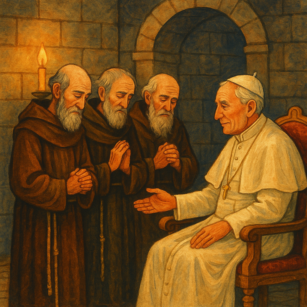 Three humble saints stand before the Pope in a stone chamber, illustrating The Pardon of Assisi.