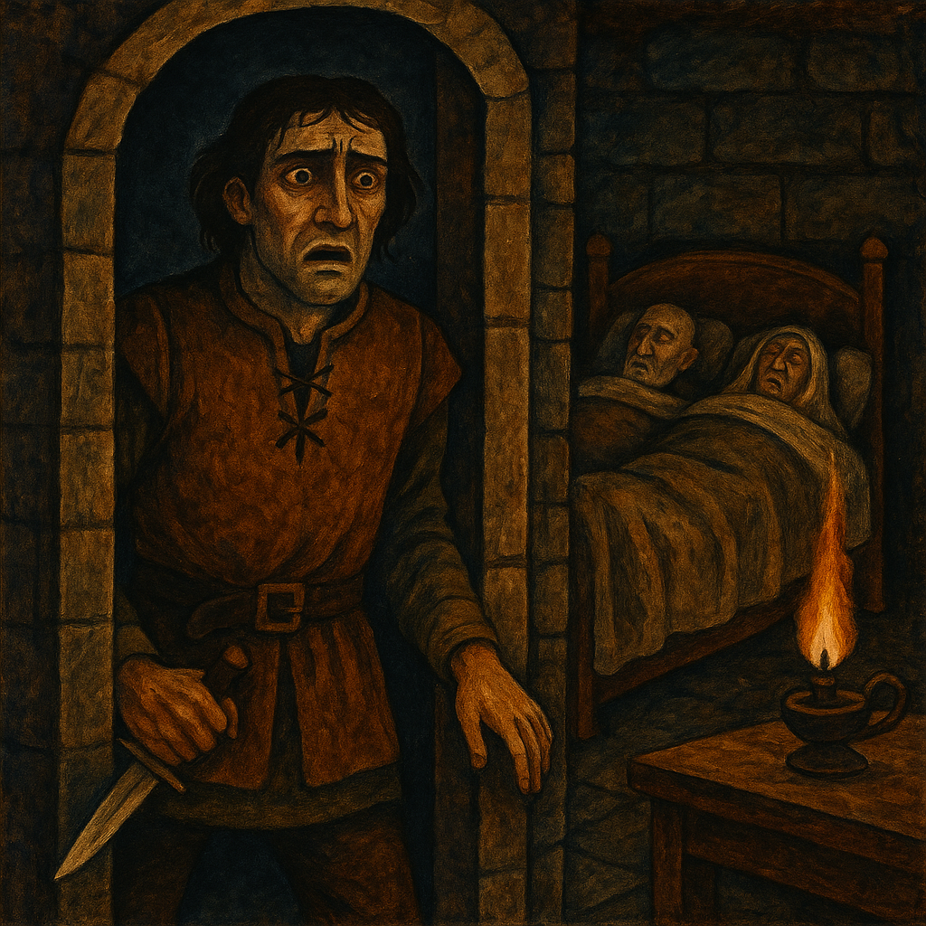 Giuliano stands in horror over the bed where he has unknowingly killed his parents, in The Penance of San Giuliano.