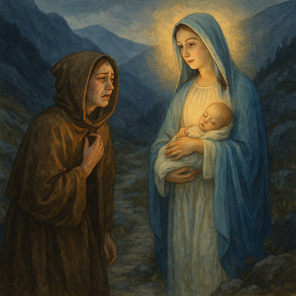 A grieving pilgrim woman meets the radiant Madonna on a mountain path, a scene from The Pilgrims by R.H. Busk.