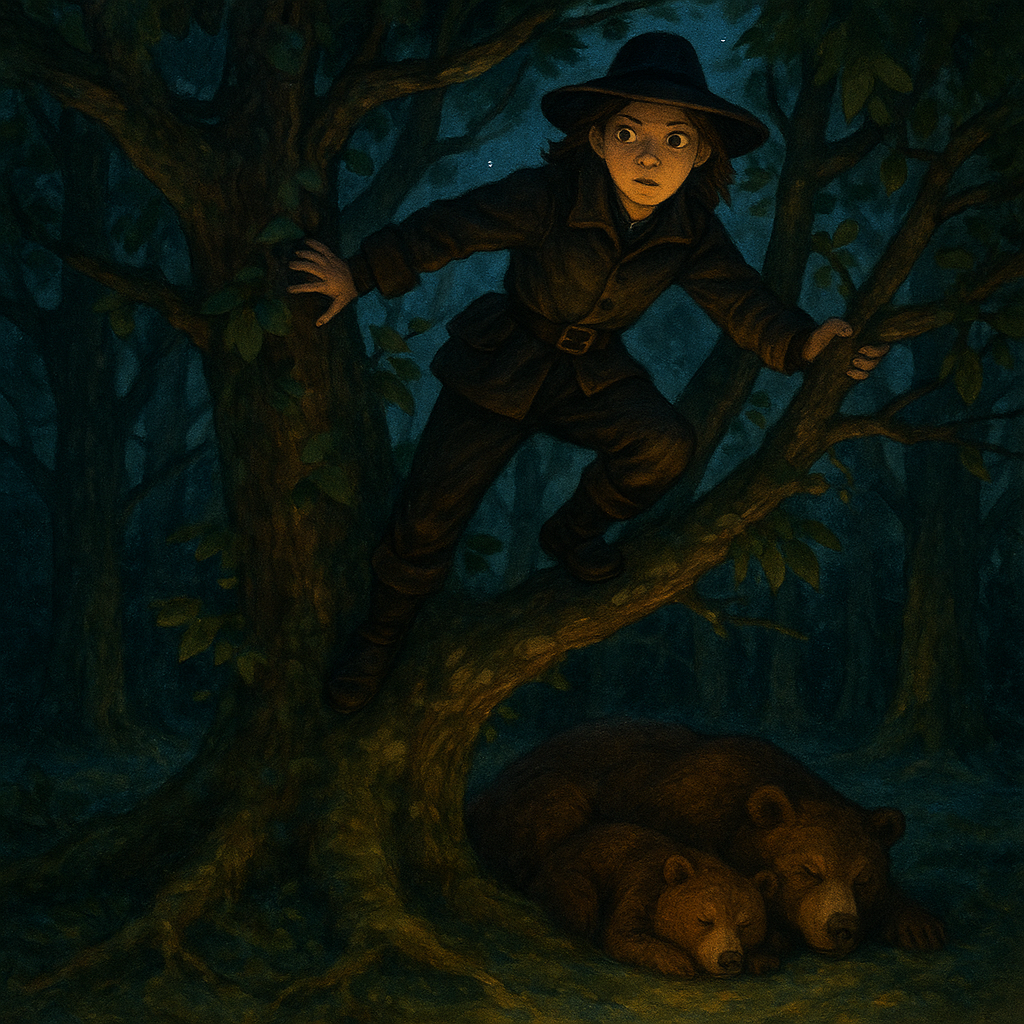 A disguised young woman watches two sleeping bears from a treetree at night, in The Pot of Marjoram.