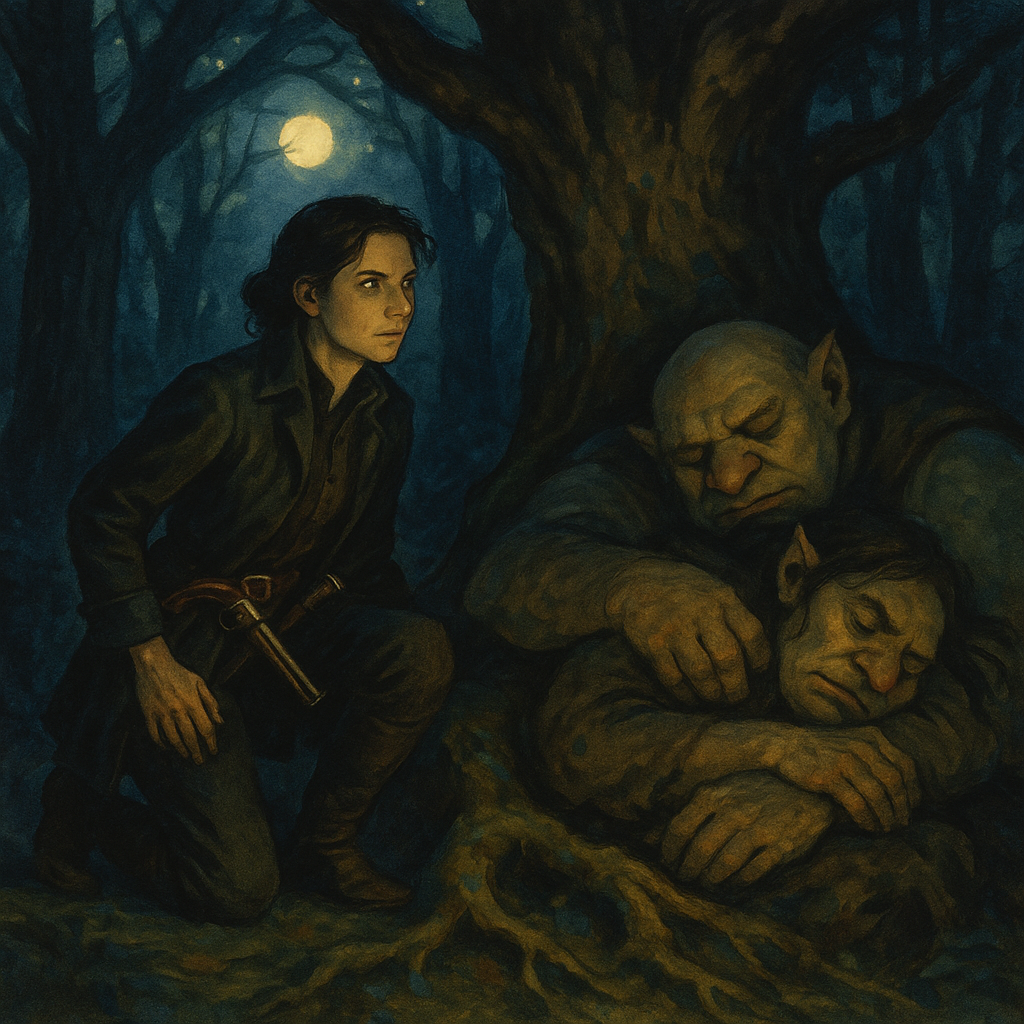 A disguised merchant's daughter listens to sleeping ogres beneath a forest tree, in The Pot of Rue.
