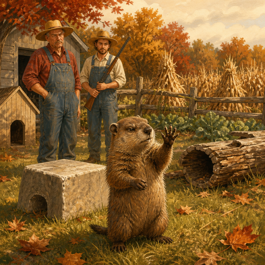 Young woodchuck Monax holds up a paw near a garage and two farmers in The Pretending Woodchuck by Carl S. Patton.