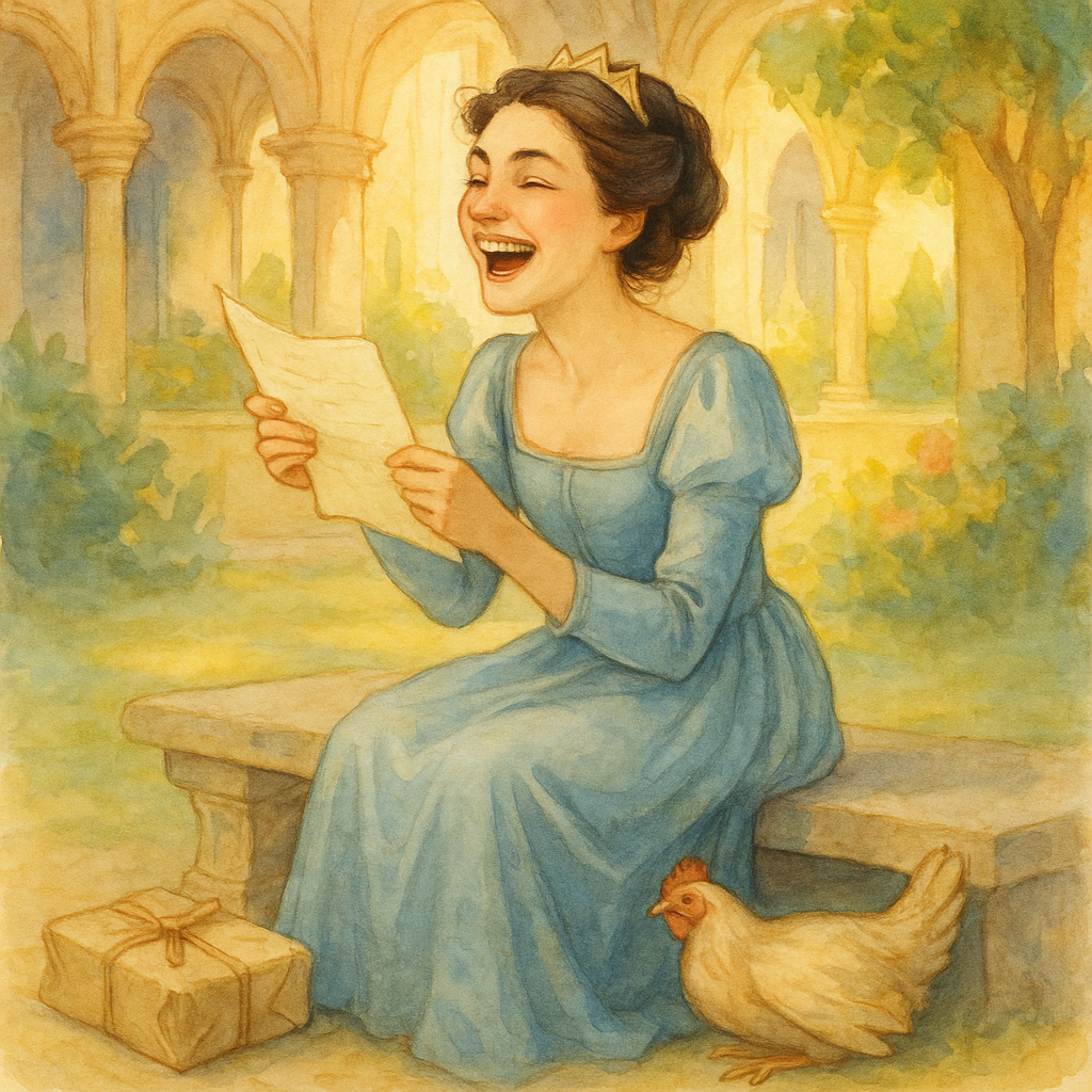 A laughing princess reads a clever note in a palace garden, in The Princess and the Gentleman.