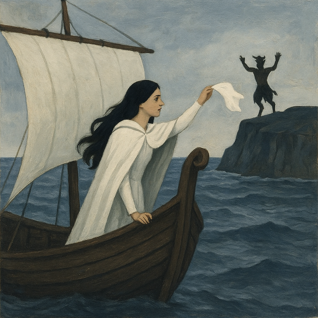 A princess waves a white kerchief from a ship as a satyr stands on a distant cliff in The Princess and the Satyr.