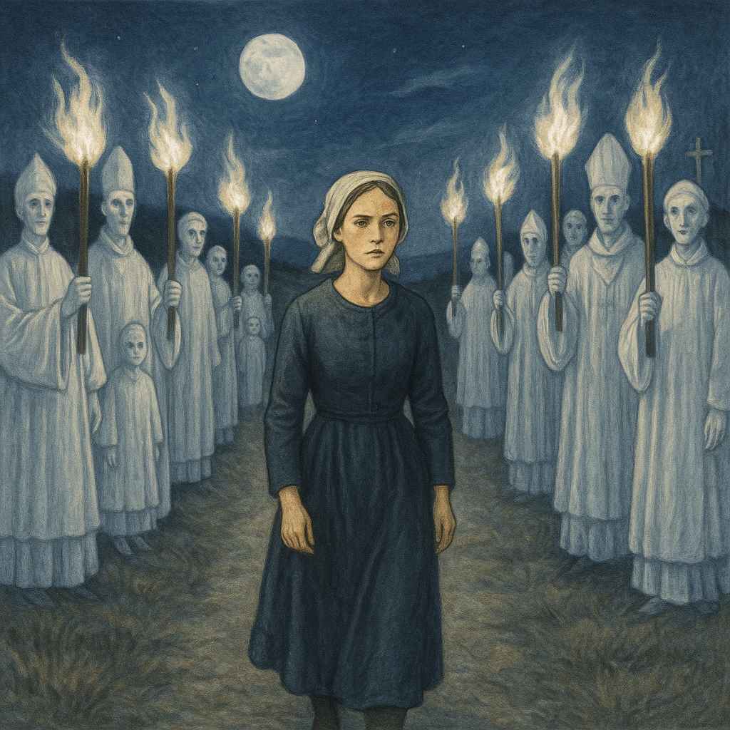 Maria Grazia walks through a ghostly procession by moonlight in The Procession of Velletri.