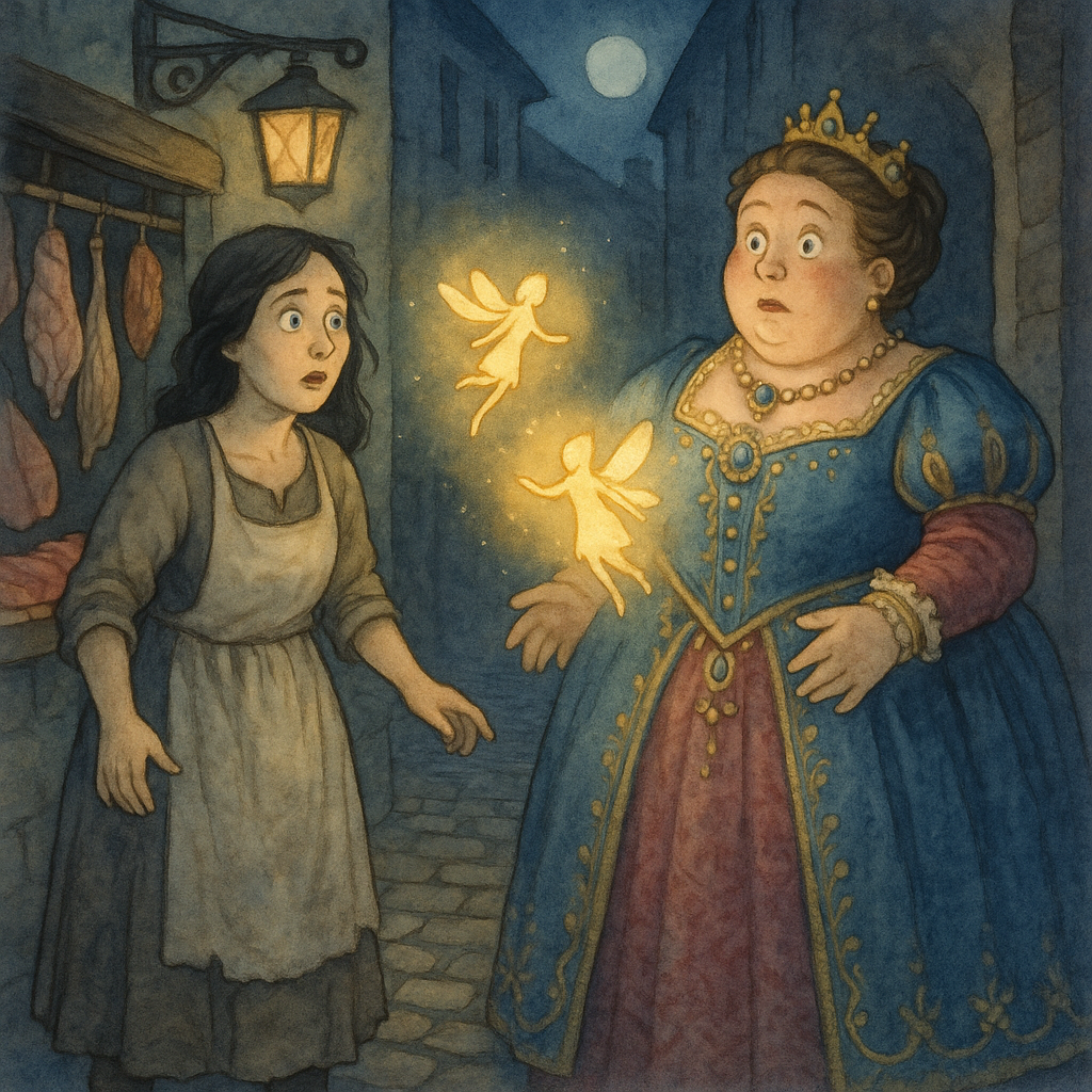 Two women magically swapping clothes in a moonlit lane, in The Queen and the Tripe-Seller.
