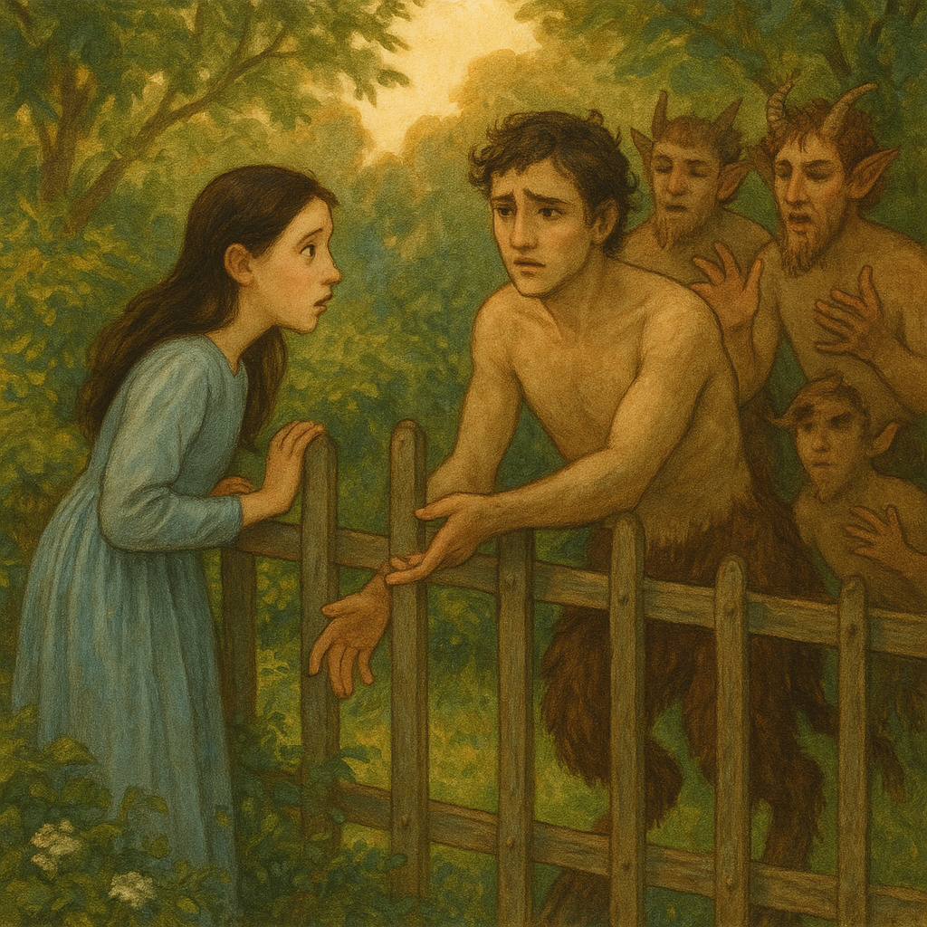 A curious young woman approaches a fence where a sorrowful satyr prince reaches out to her, in The Satyrs.
