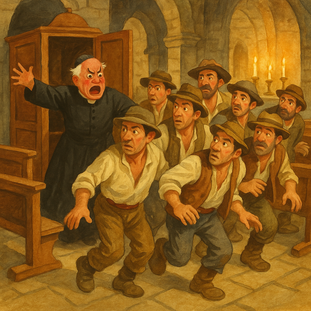 A furious priest bursts from his confessional as seven peasants prepare to flee, in The Seven Clodhoppers.