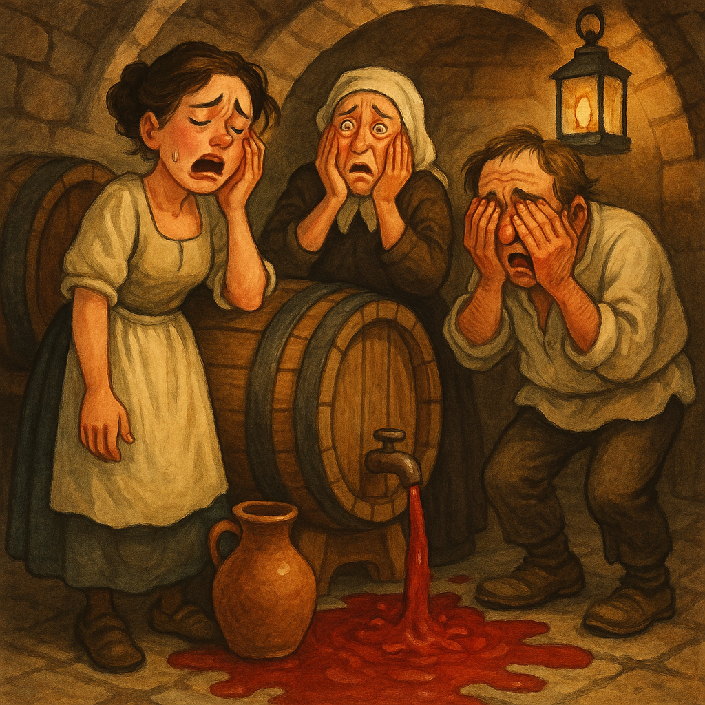 A daughter and her parents weep over spilled wine in a cellar, in The Simple Wife by R.H. Busk.