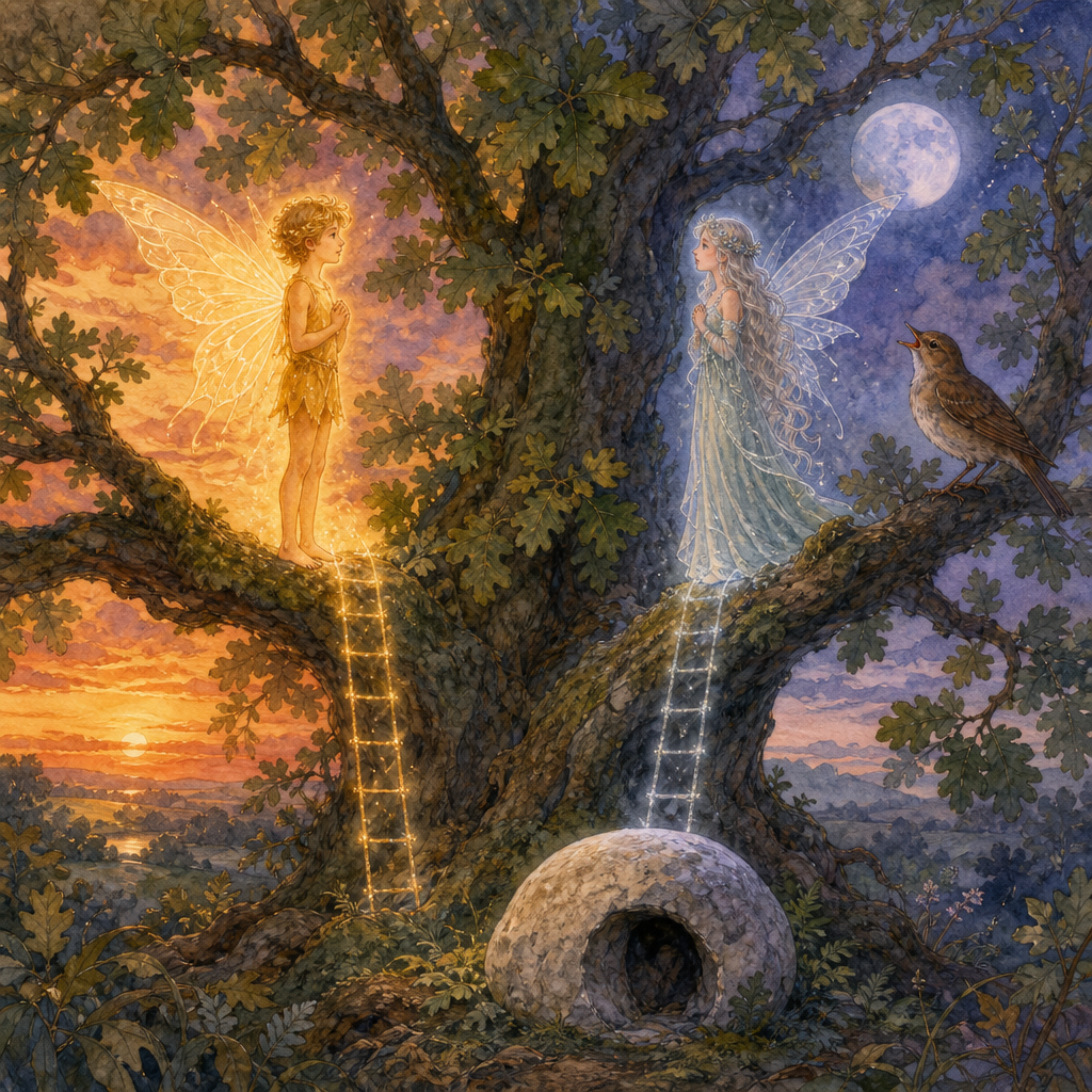 The Sunbeam and Moonbeam meet among oak leaves as the Nightingale sings, in The Story of the Opal by Mary de Morgan.