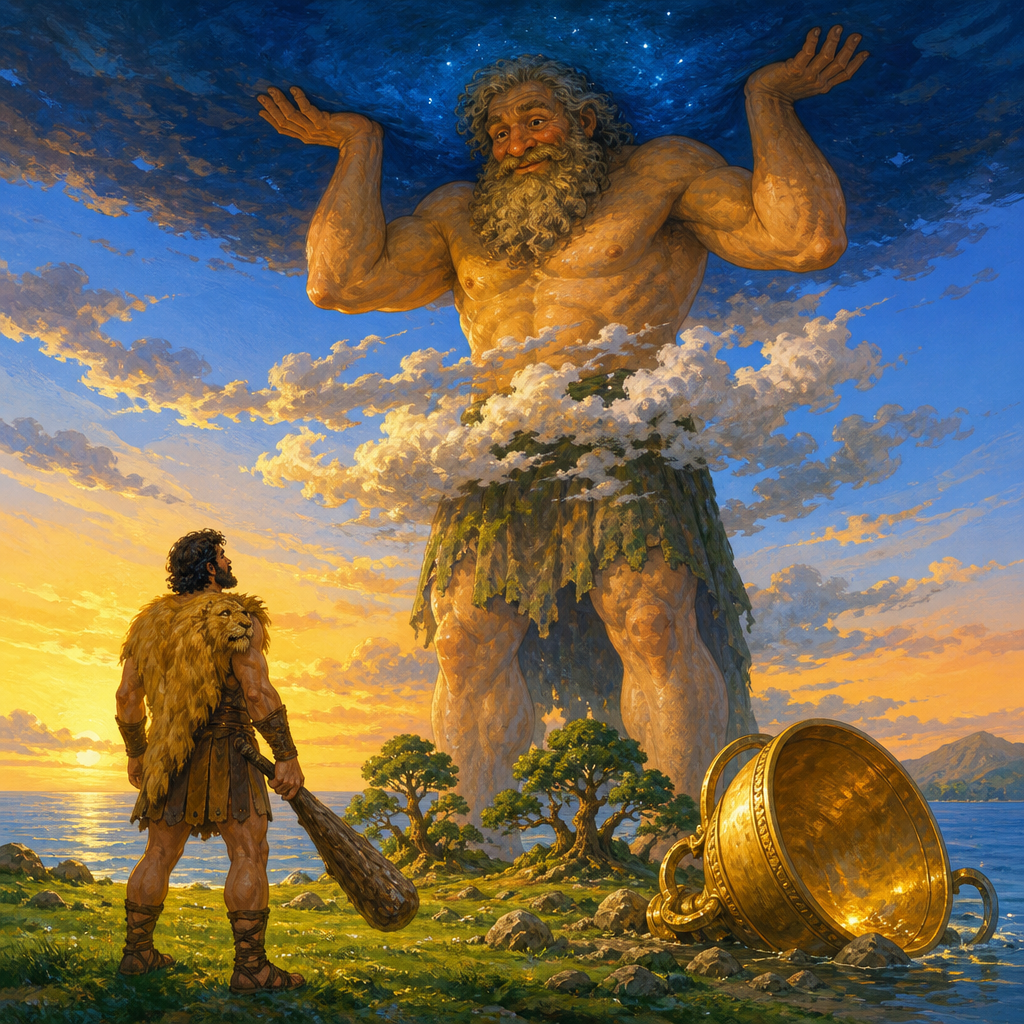 Hercules in a lion skin meets the mountain-tall giant Atlas holding up the sky in The Three Golden Apples by Hawthorne.