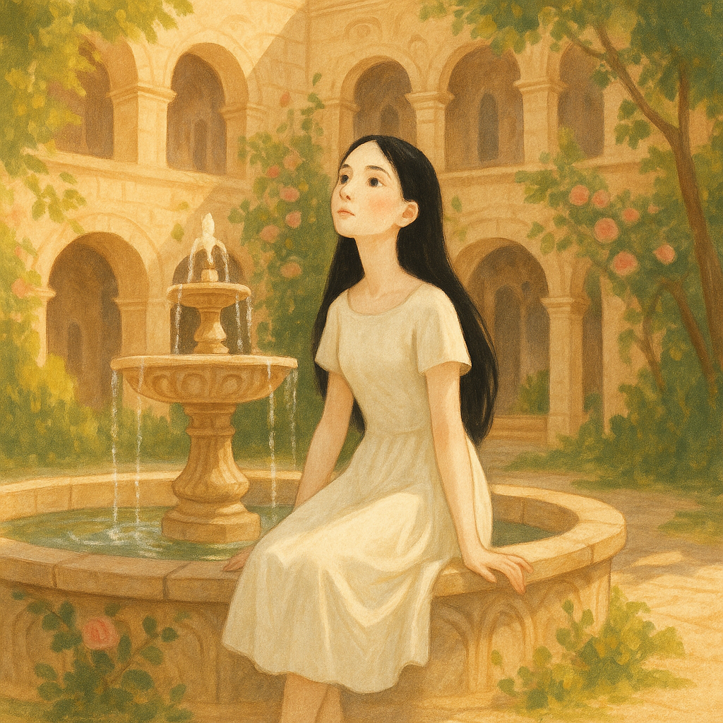 A fair maiden sits by an enchanted fountain in a palace courtyard, in The Three Love-Oranges