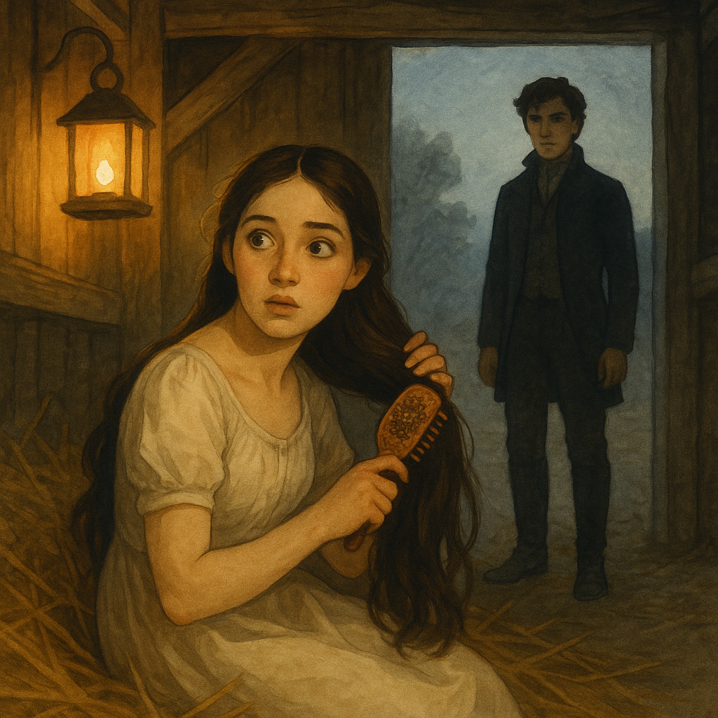 A girl with a tortoiseshell comb sits in stable straw at dawn, caught by a young man — The Transformation-Donkey