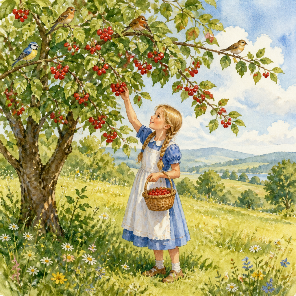 A girl gathers berries from a tree bending its boughs low in midsummer, illustrating the poem The Tree.