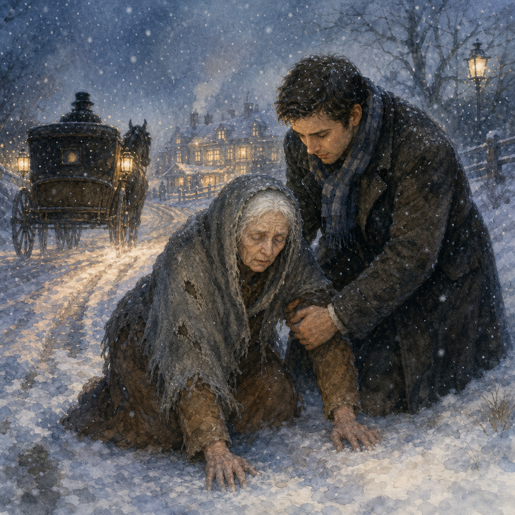A kind traveler helps a blind old woman up from the snow in The Two Alms, or The Thanksgiving Day Gift.