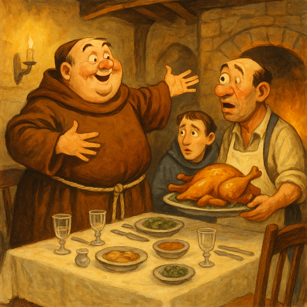 A crafty friar gestures grandly at a startled one-eyed innkeeper in a candlelit inn, in The Two Friars.