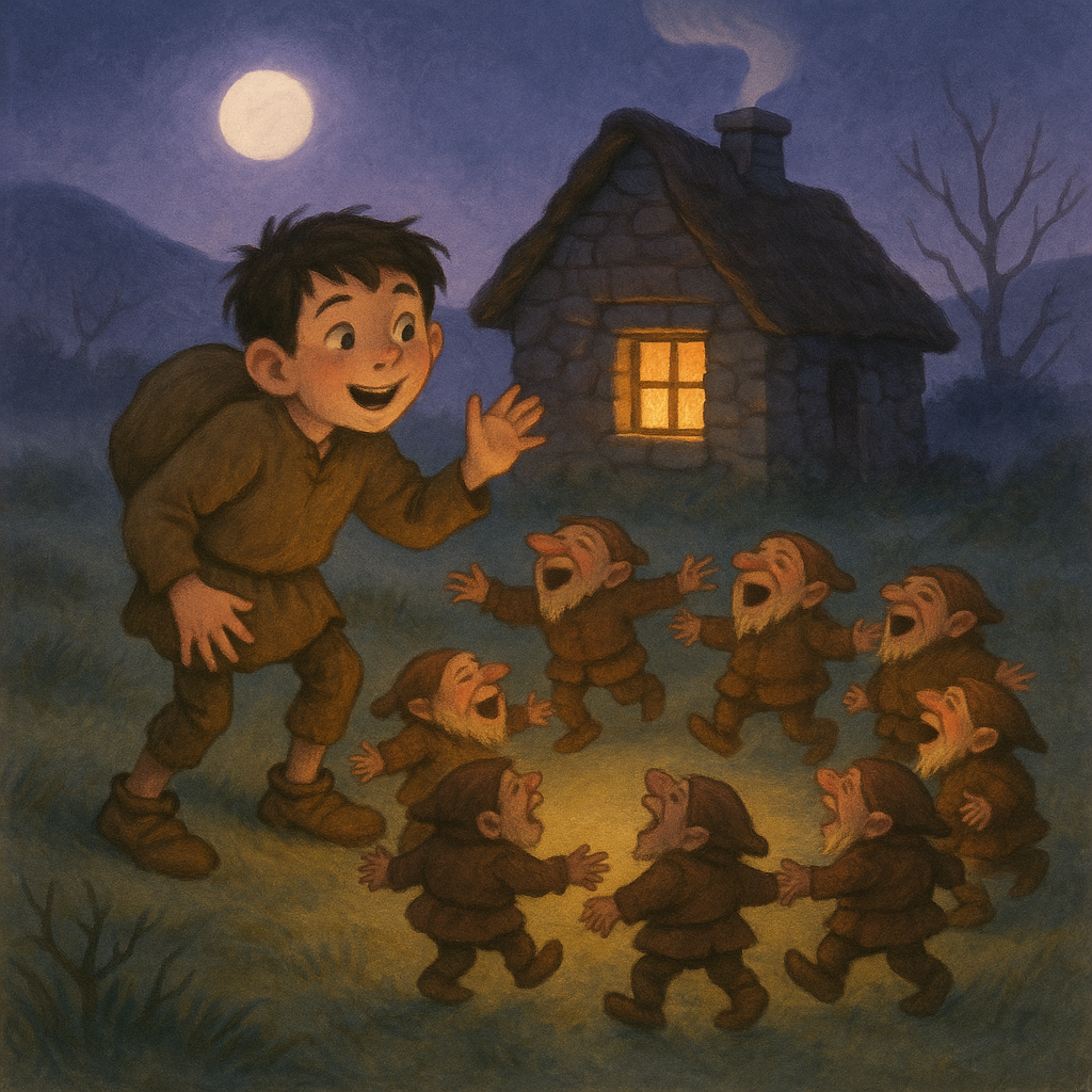 A hunchbacked boy joins tiny dancing hunchbacks on a moonlit moor, in The Two Hunchbacked Brothers.
