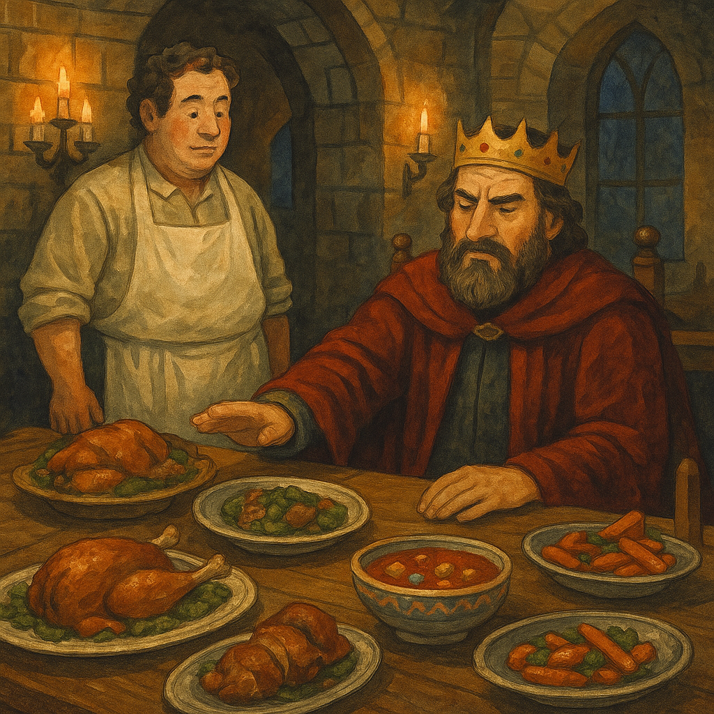 A troubled king pushes away his tasteless dinner as the cook looks on — scene from The Value of Salt.