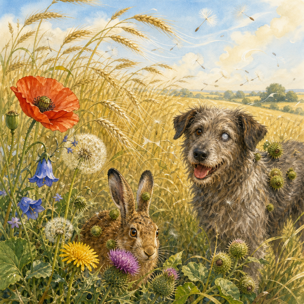 Wildflowers, a hare and an old dog by a hedge beside a rye field, illustrating Carl Ewald's story The Weeds.
