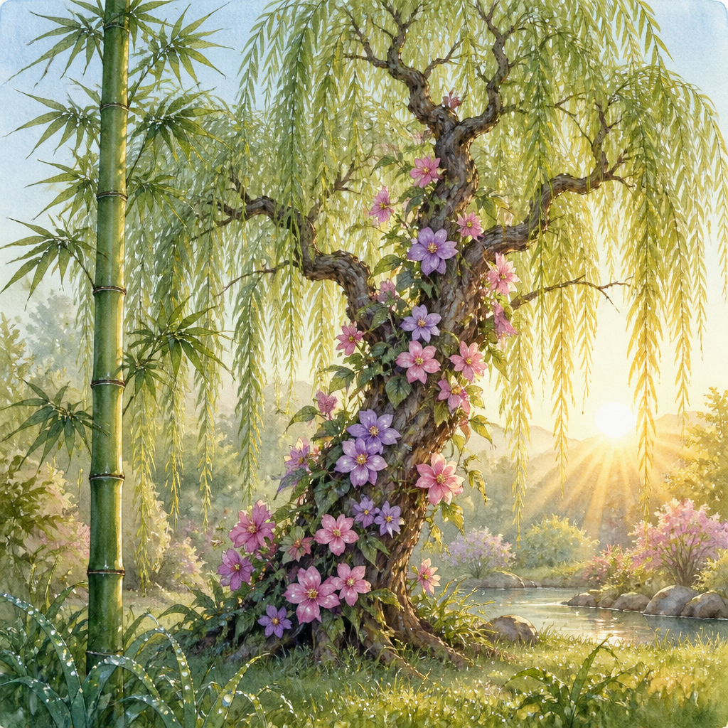 Old willow tree wrapped in a blossoming vine beside a tall bamboo in The Willow and the Vine fable