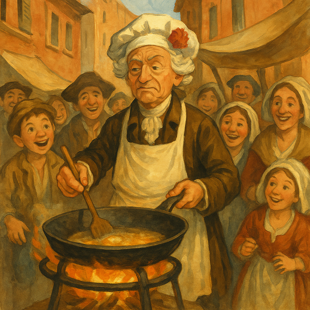 Sor Cassandro in apron and wig frying food for an amused Roman crowd, scene from The Wooing of Sor Cassandro.