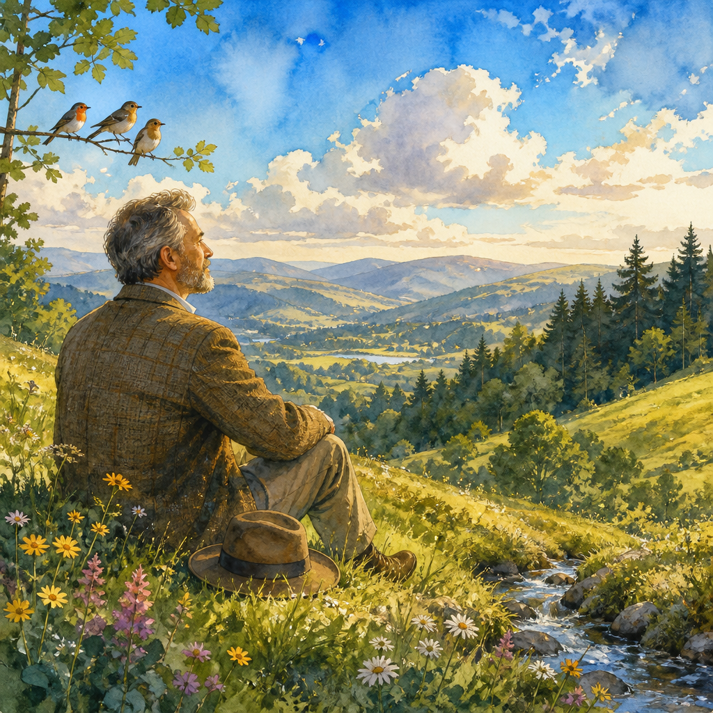 Man resting on a flowered hillside beneath sapphire skies, illustrating the poem These Are Things I Prize