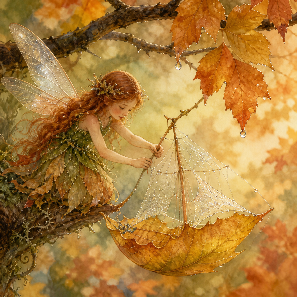 Illustration for To an Autumn Leaf: a fairy launches a golden leaf boat with dewy silk sails from an autumn branch.