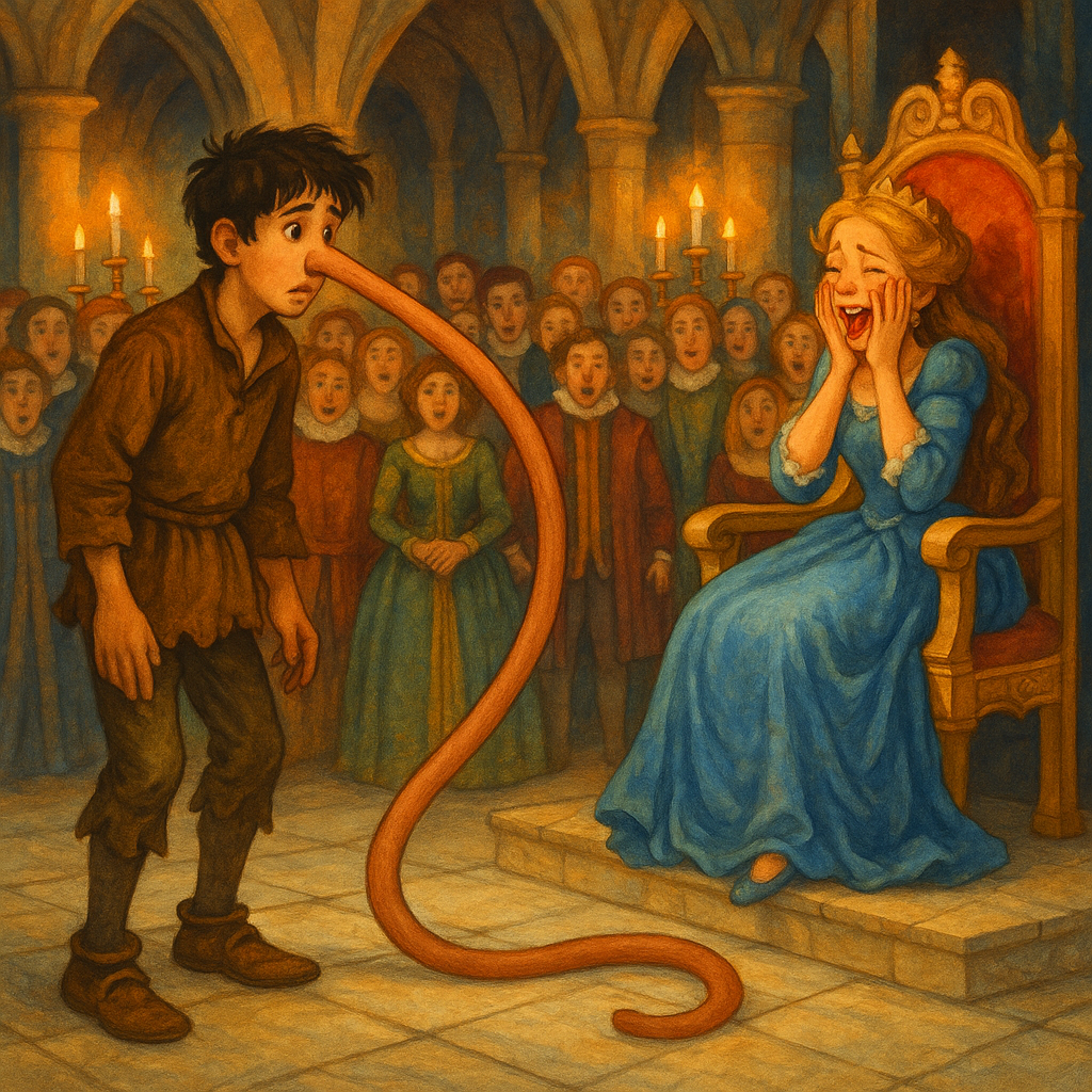 A peasant boy's nose stretches twelve feet across a palace floor, making the princess burst out laughing — Twelve Feet of Nose.