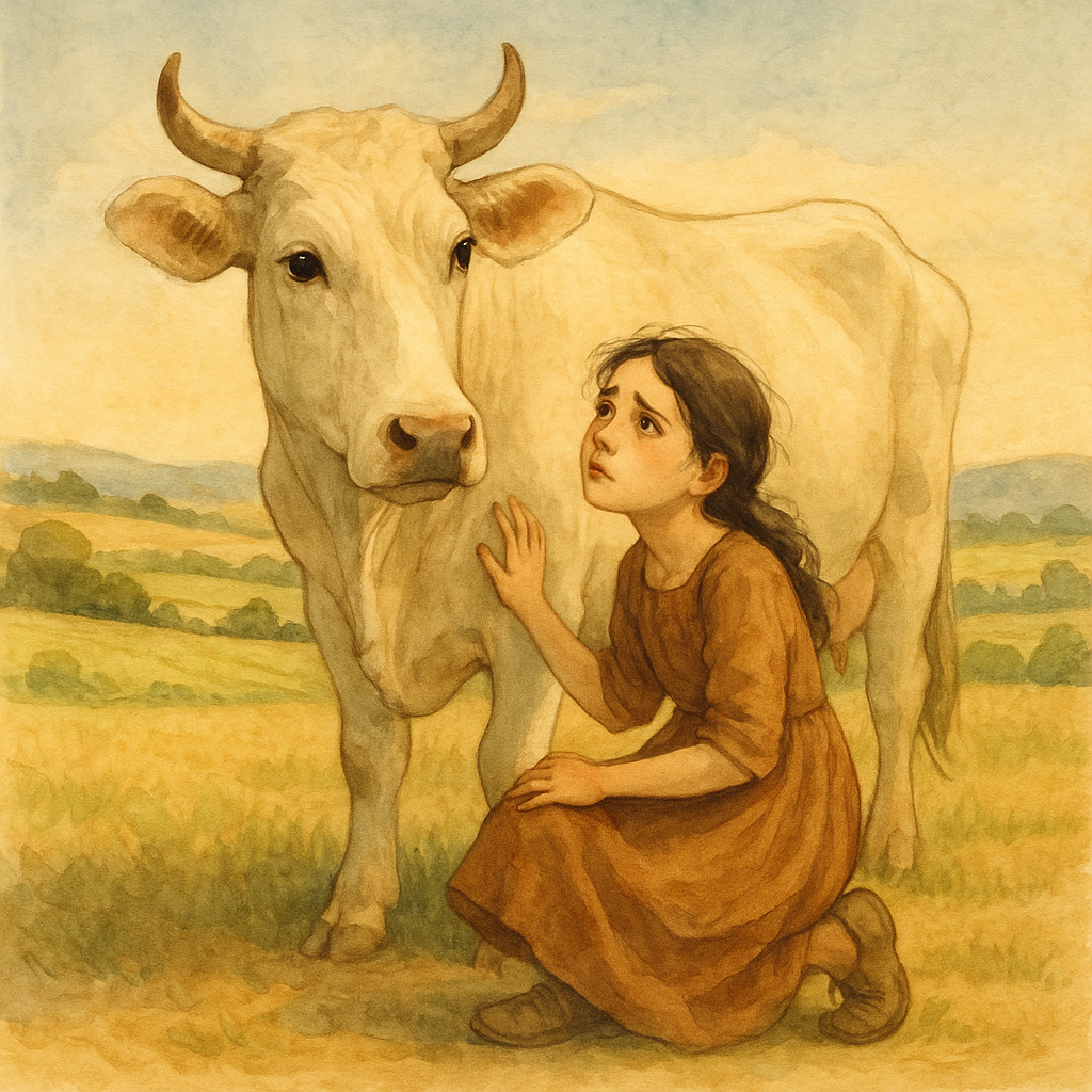 A young girl kneels beside an enchanted cow in the Italian countryside — scene from Vaccarella