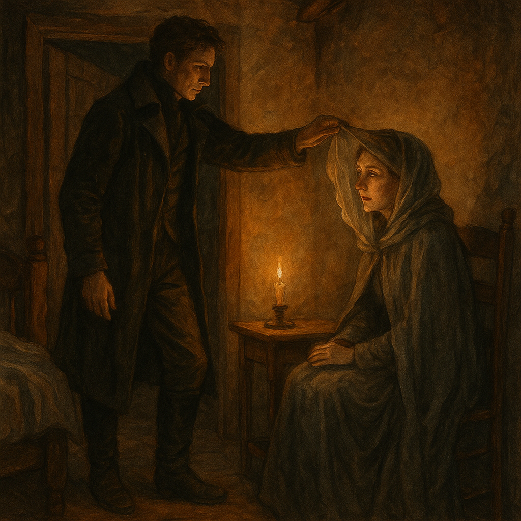 The count lifts the veil from his wife's face in a candlelit inn room — "What Happened in the Room of a Hotel"
