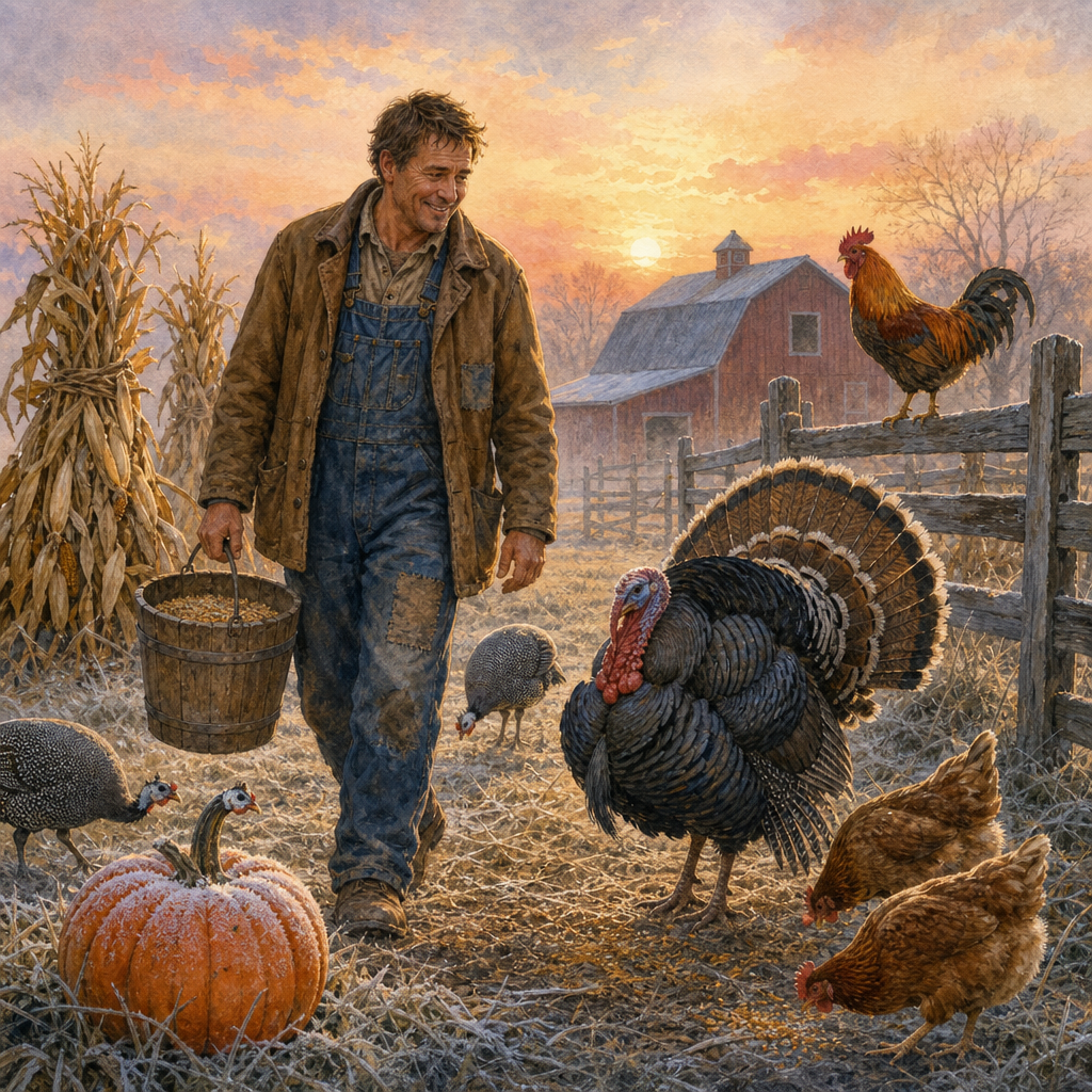 A farmer feeds the stock at sunrise among frosty pumpkins and turkeys in "When the Frost Is on the Punkin'".
