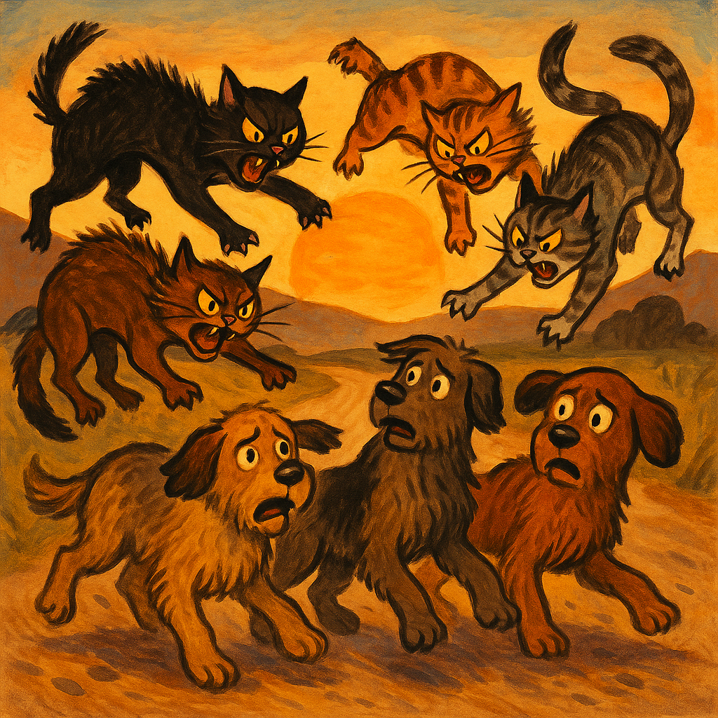 Angry cats leaping at surprised dogs on a country road, illustrating Why Cats and Dogs Always Quarrel