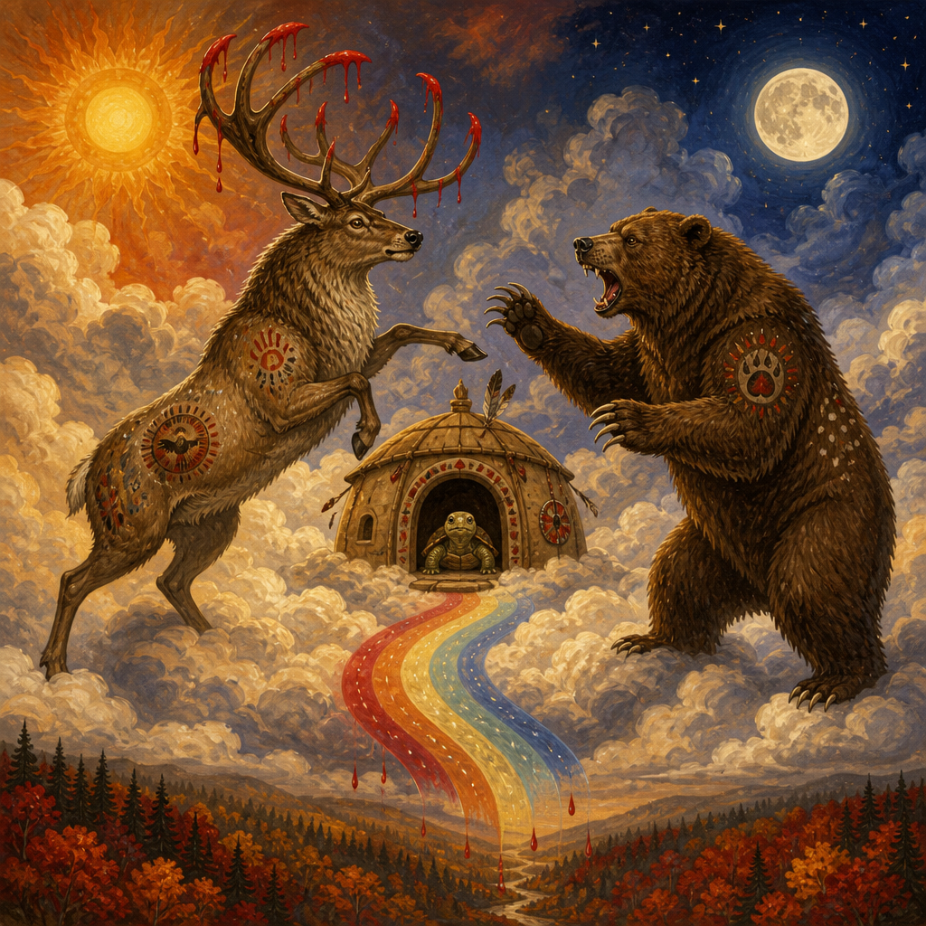 Deer and Bear fight in Skyland as red drops fall on the forest in Why the Autumn Leaves Are Red.