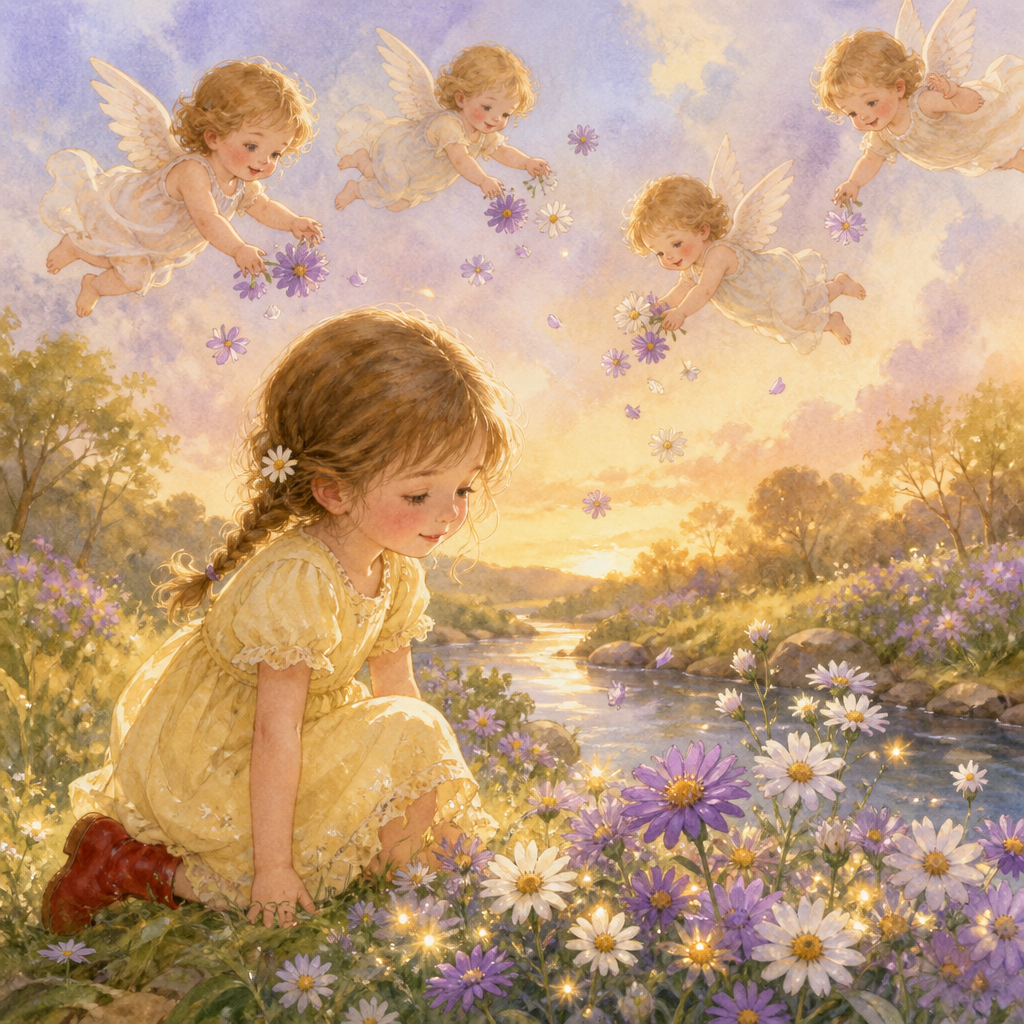 A child kneels by a brook asking white and purple asters about their starry eyes in the poem Wild Asters.